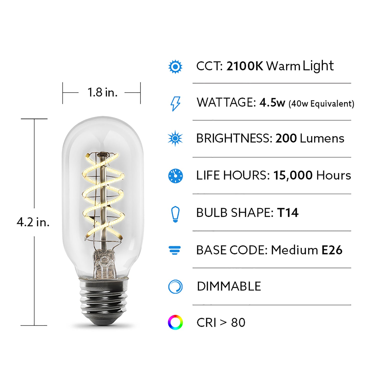 4.5W (40W Replacement) T14 E26 Dimmable Spiral Filament Clear Glass Vintage Edison LED Light Bulb, Warm Light