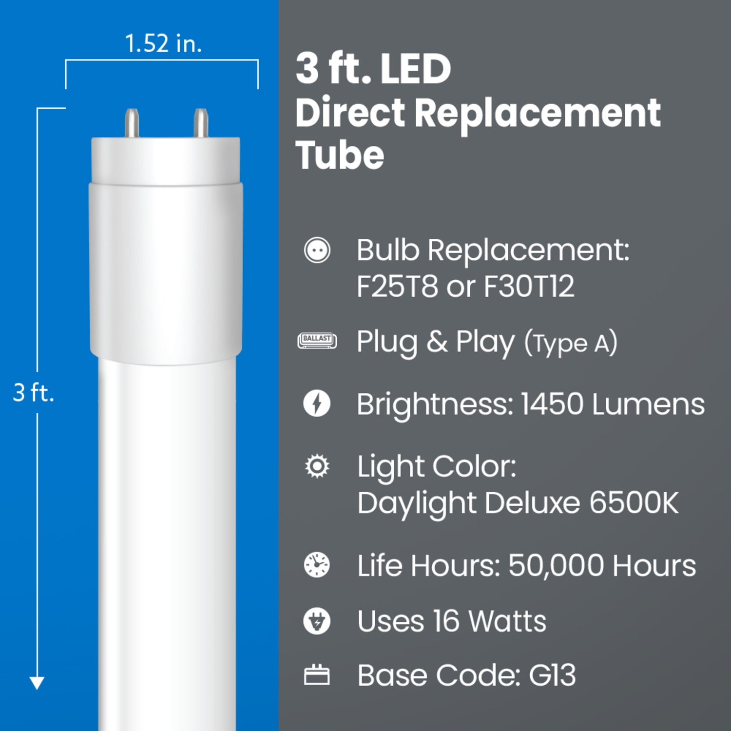 3 ft. 16W (25/30W Replacement) Daylight Deluxe (6500K) G13 Base Direct Replacement (Type A) (T8 & T12 Replacement) LED Linear Tube