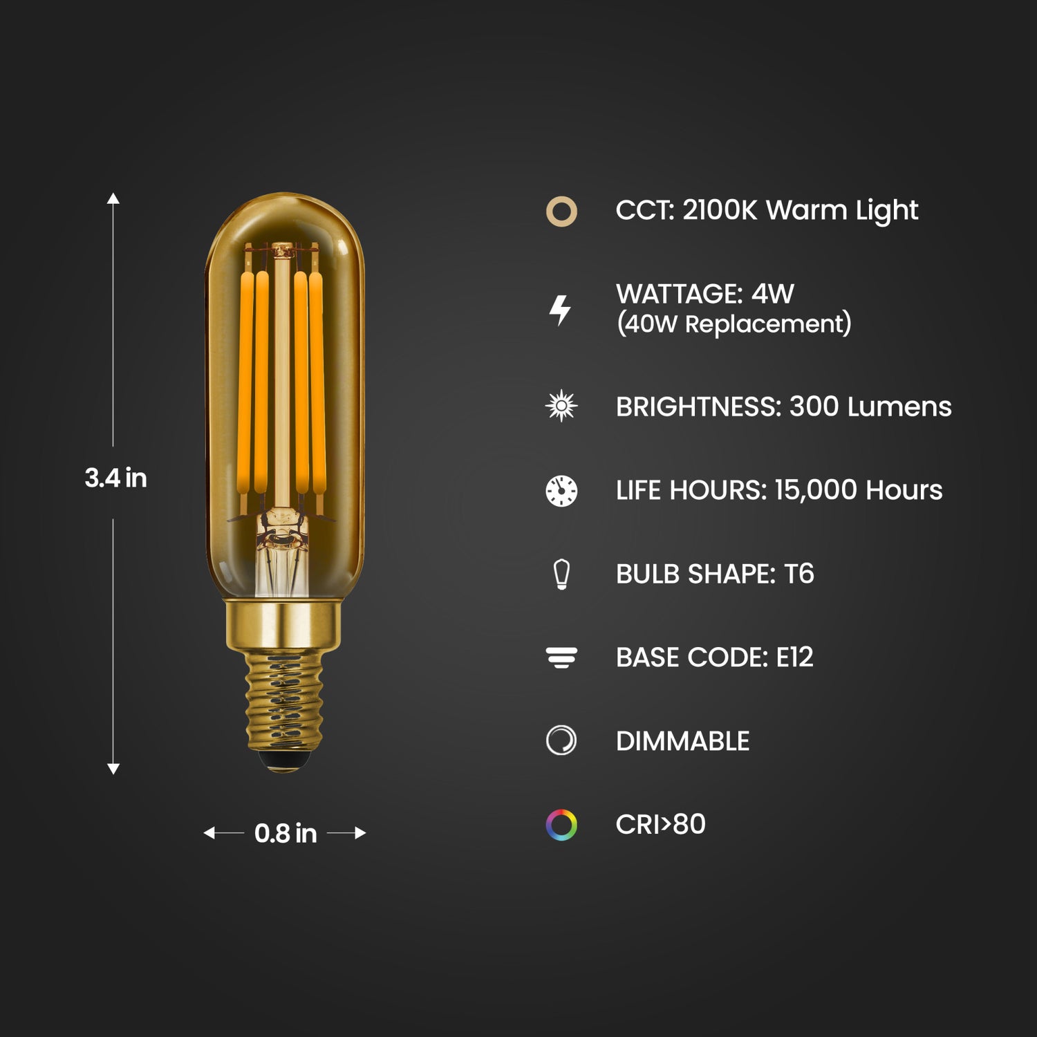 4W (40W Replacement) Warm Light (2100K) T6 Shape (E12 Base) Clear Glass Filament LED (4-Pack)