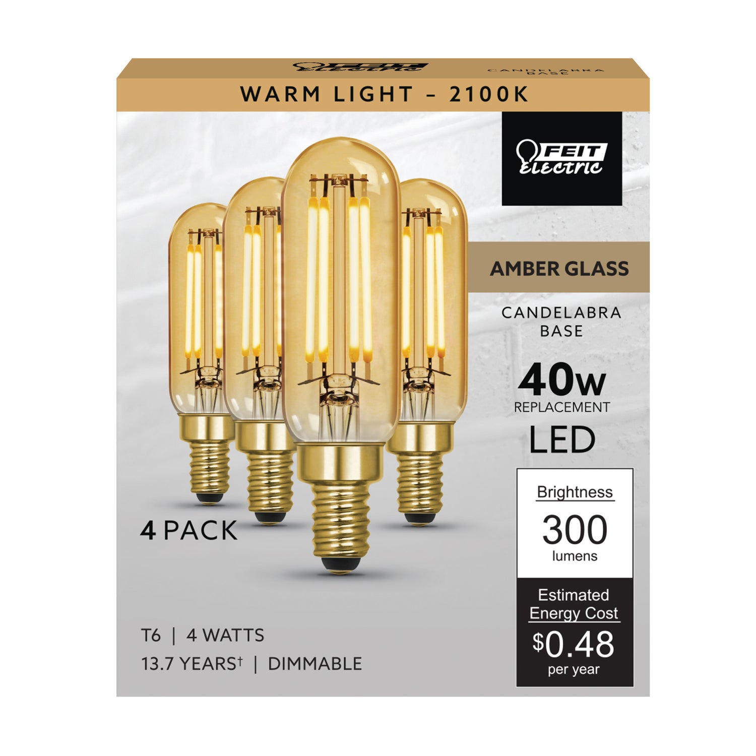 4W (40W Replacement) Warm Light (2100K) T6 Shape (E12 Base) Clear Glass Filament LED (4-Pack)