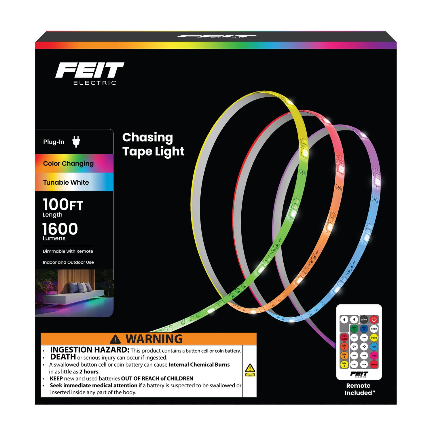 100 ft. LED Color Chasing and Tunable White Tape Light with Remote