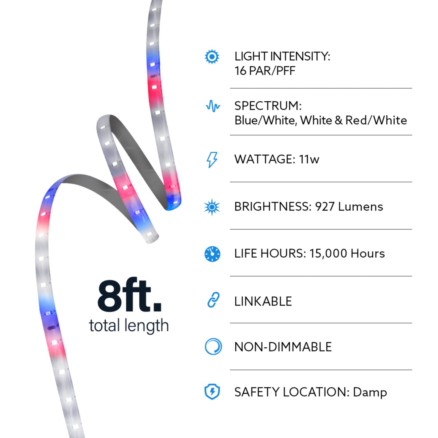 8 ft. 11W Selectable Spectrum LED Strip Light Grow Lights